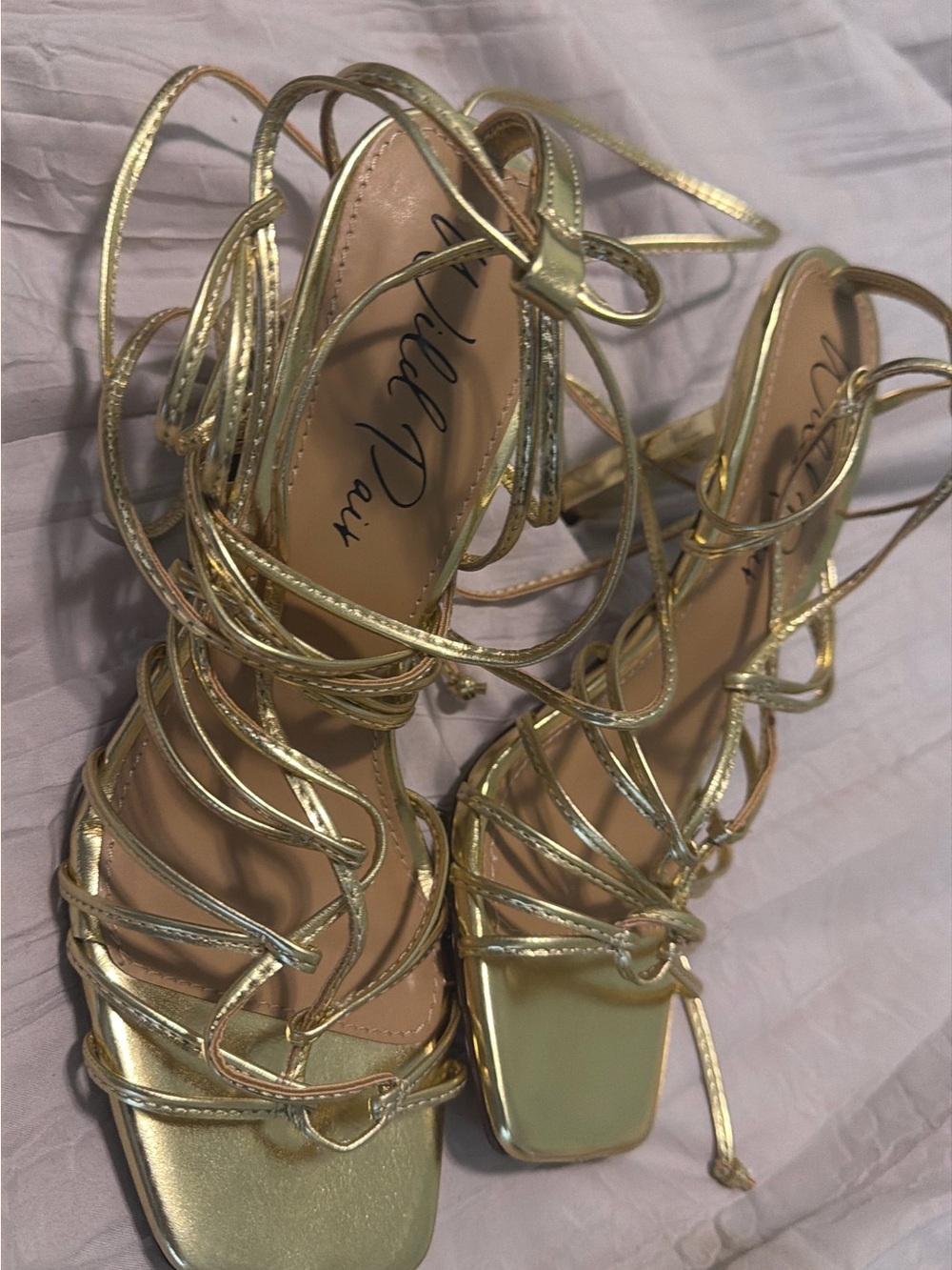 Gold Strappy Lace-Up Heels by